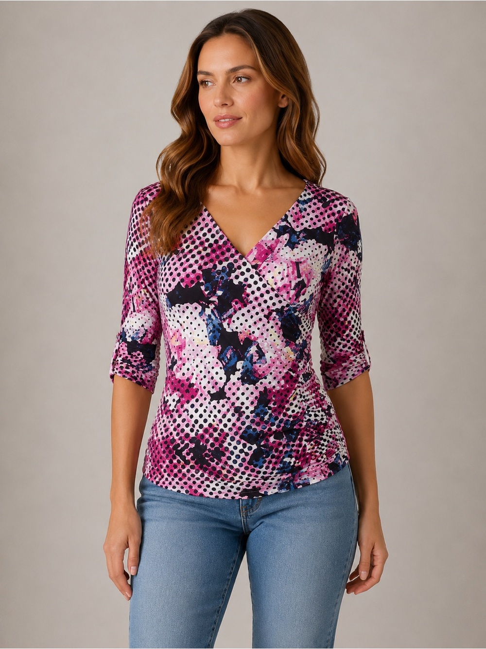 STYLE & CO Women’s Petite Pink Floral Polka-Dot Wrap Top